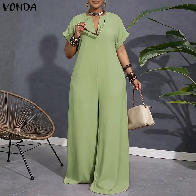 Summer Short Sleeve Women Plus Size Jumpsuits VONDA Tops Wide Leg Pants OL Work Playsuits Solid Color Overalls Casual Streetwear