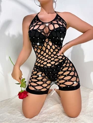 Woman Rave Exotic Pole Dance Wear Rhinestone Bodysuit Porno Sexy Fishnet Lingerie Teddies Nightbar Performance Stripper Outfit