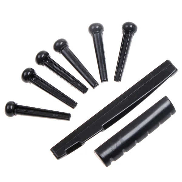 

A Set of Black Folk Guitar Bone Bridge Pins Saddle Nut with 6 Pieces Bridge Pins, ABS & Nylon Material, 43*6.3*8/8.4mm Nut,