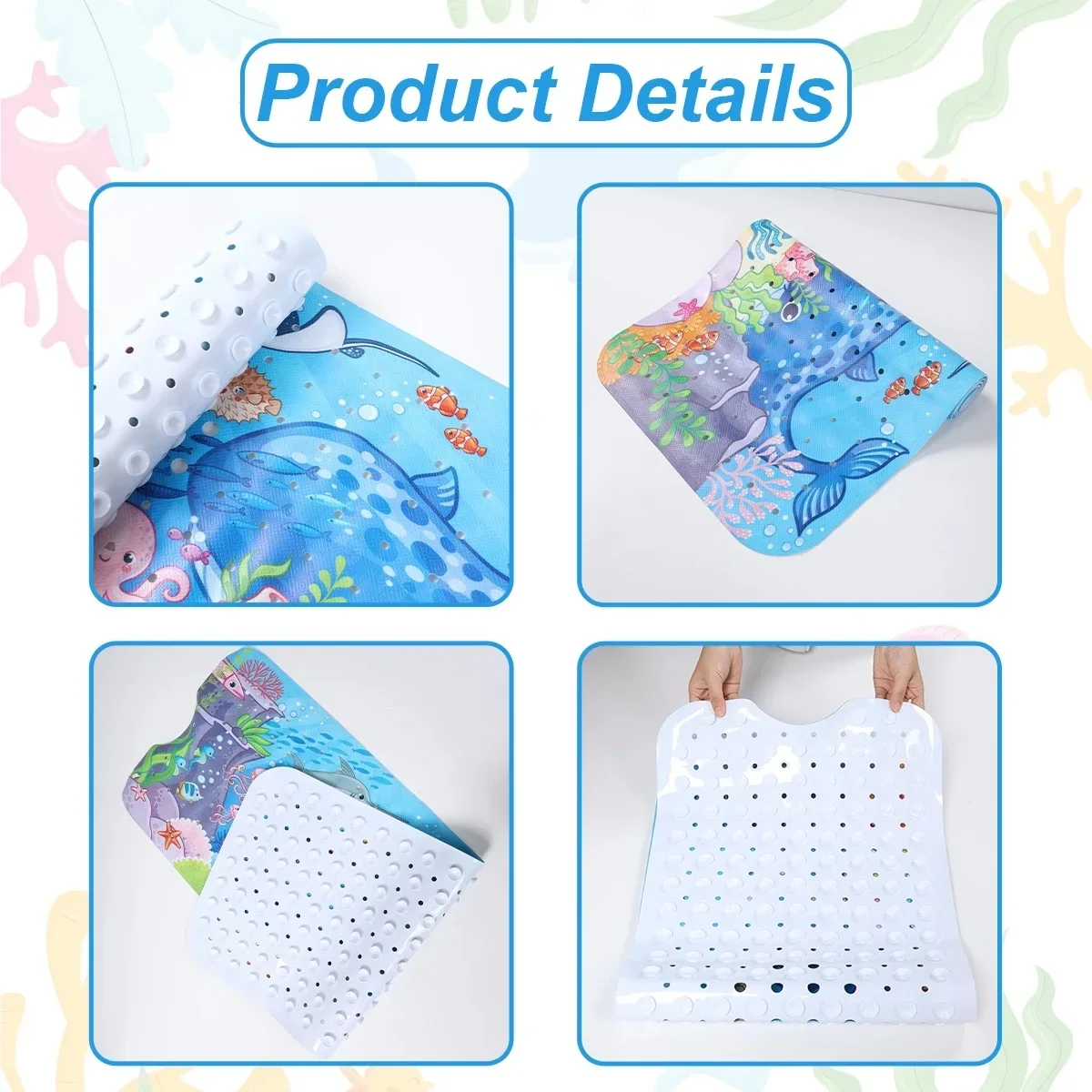 White cartoon bathtub mat with suction cups, 40x100cm non-slip design.