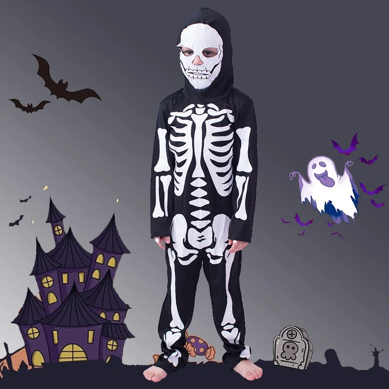 

Scary Skull Cosplay Costume Children Skeleton Costume Suit with Mask Halloween Costume for Kid Carnival Dress-up Party Jumpsuits