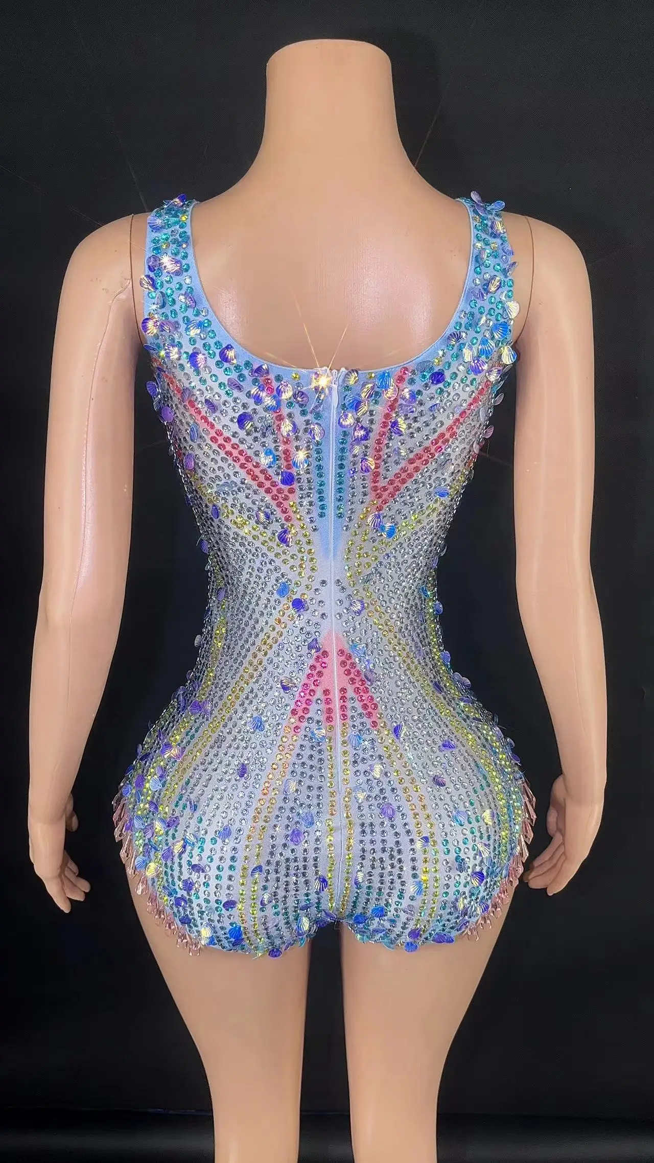 ZD New  Silver Rhinestones Mirrors Stretch Transparent Dress Evening Birthday Celebrate Outfit Sexy Dancer Costume