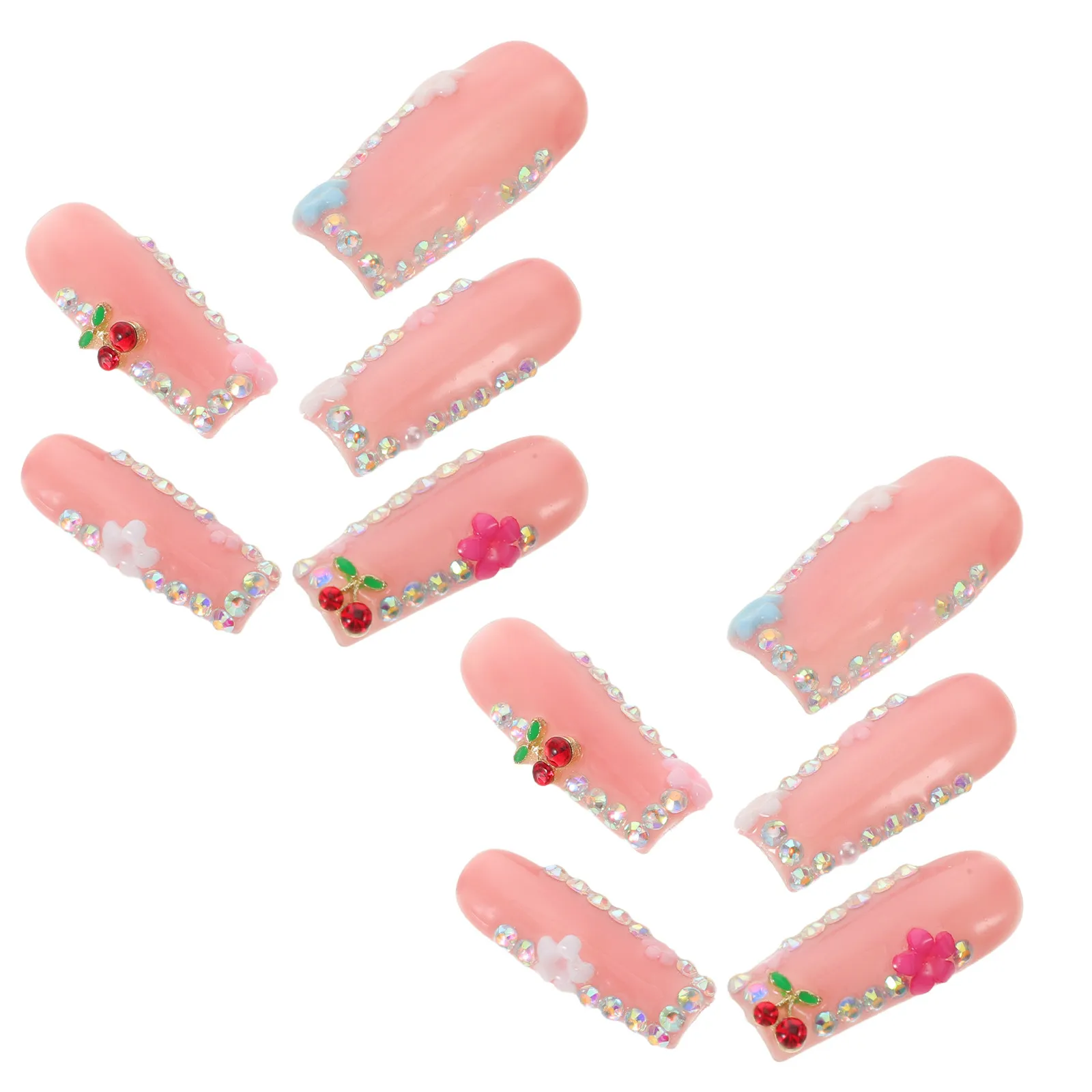10Pcs Cherry Flower Rhinestone Press on Nails Full Coverage Fake Fingernails Coffin Nail Tips DIY Spring Party Women Manicure