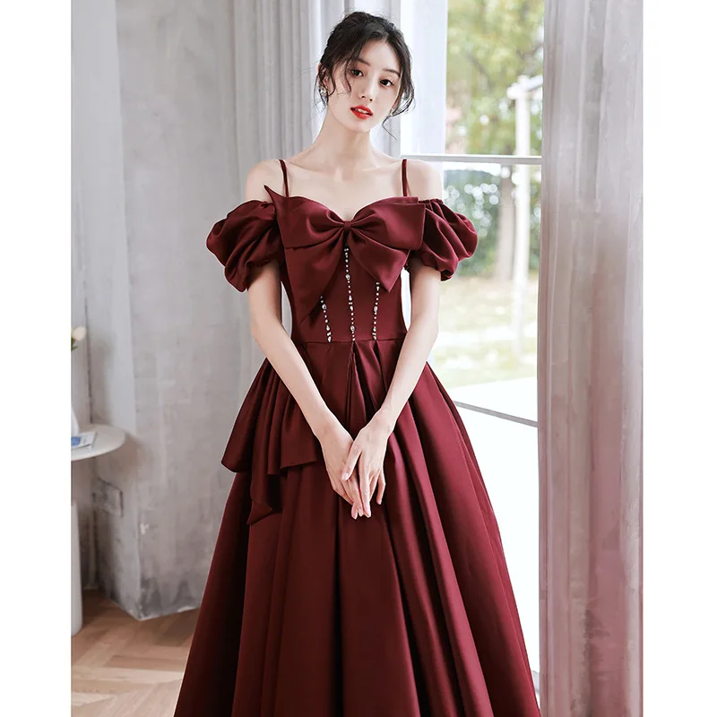 2025 New Women's Wine Red One Shoulder Butterfly Knot Decorative Dress Fashionable Slimming Back Strap Long Elegant Dress