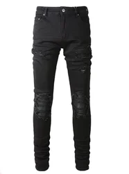 Skinny Hole Jeans for Men Vintage Pencil Pants Straight Ankle Length Trousers Washed Distressed Denims 2024 Autumn Streetwear