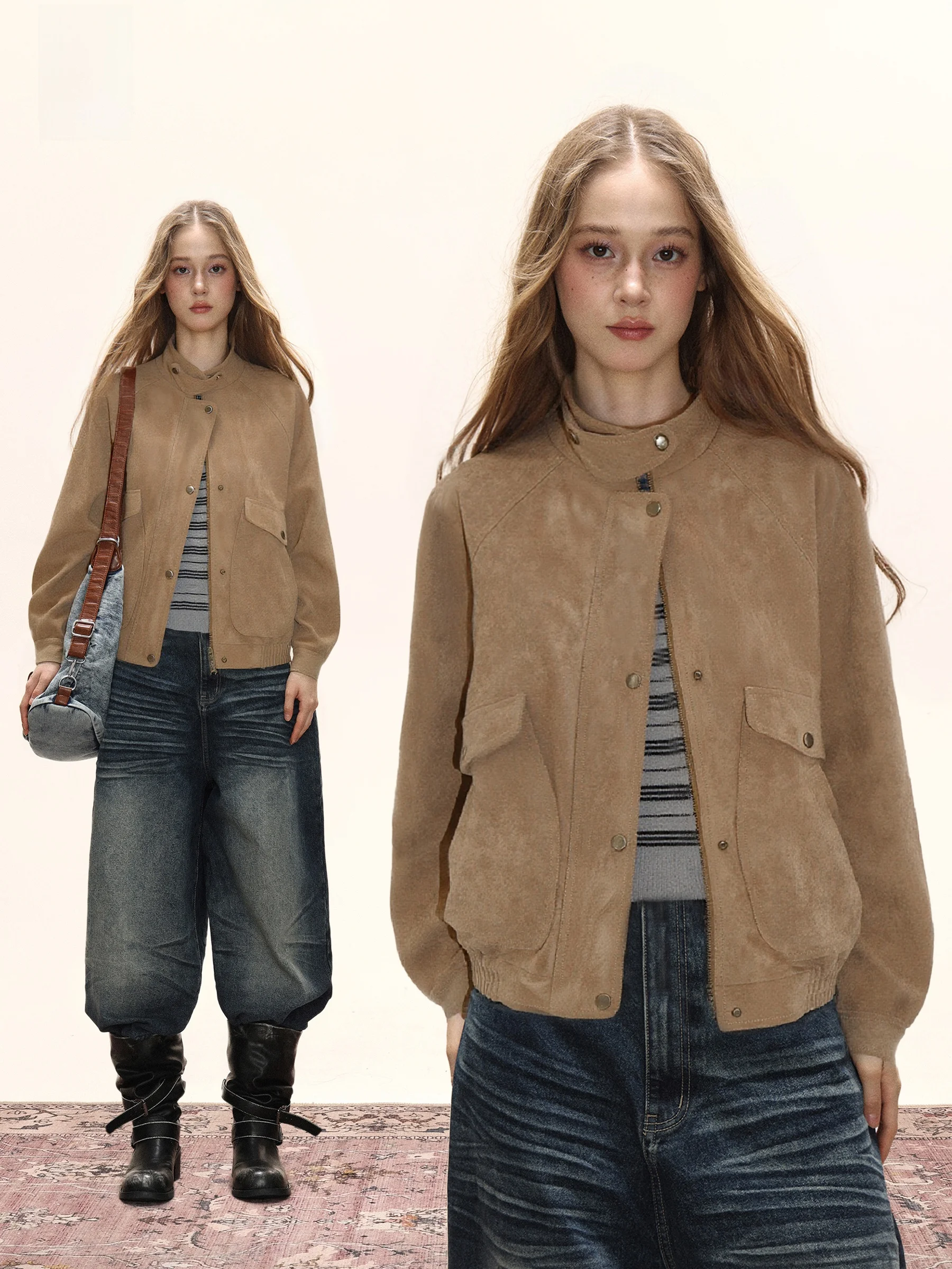 

Ретро-куртка в американском стиле с воротником-стойкой, женская, свободного кроя, повседневная, стильная, для осени-зимы, прямого силуэта