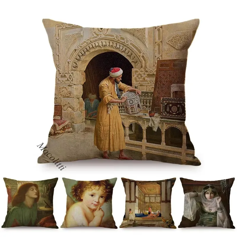 World Famous Oil Painting Pattern Sofa Throw Pillow Case Cute Angel Virgin Mary Portrait Art Square Cushion Cover Chair cojines