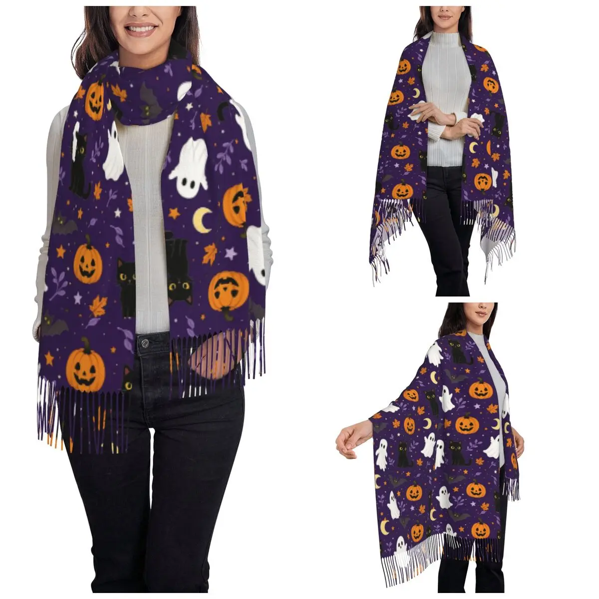 Kawaii Spooky Ghosts Halloween Shawl Wraps for Womens Winter Warm Single-sided Pattern Scarf Pashminas Tassel Scarves