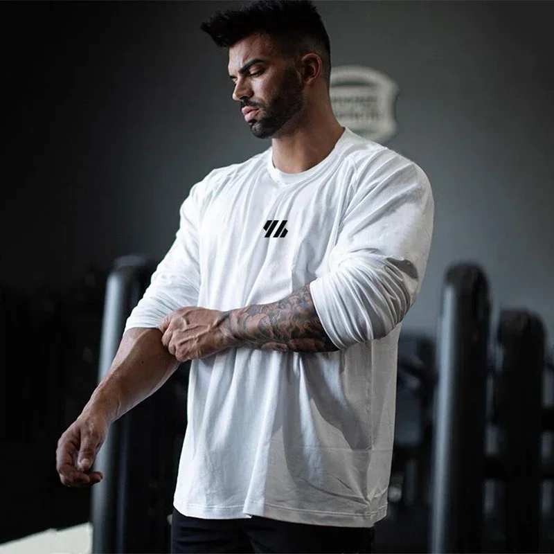 

Негабаритные футболки для бега с длинными рукавами, мужские хлопковые свободные уличные футболки для фитнеса, весенне-осенняя одежда для спортзала, футболка для тренировок
