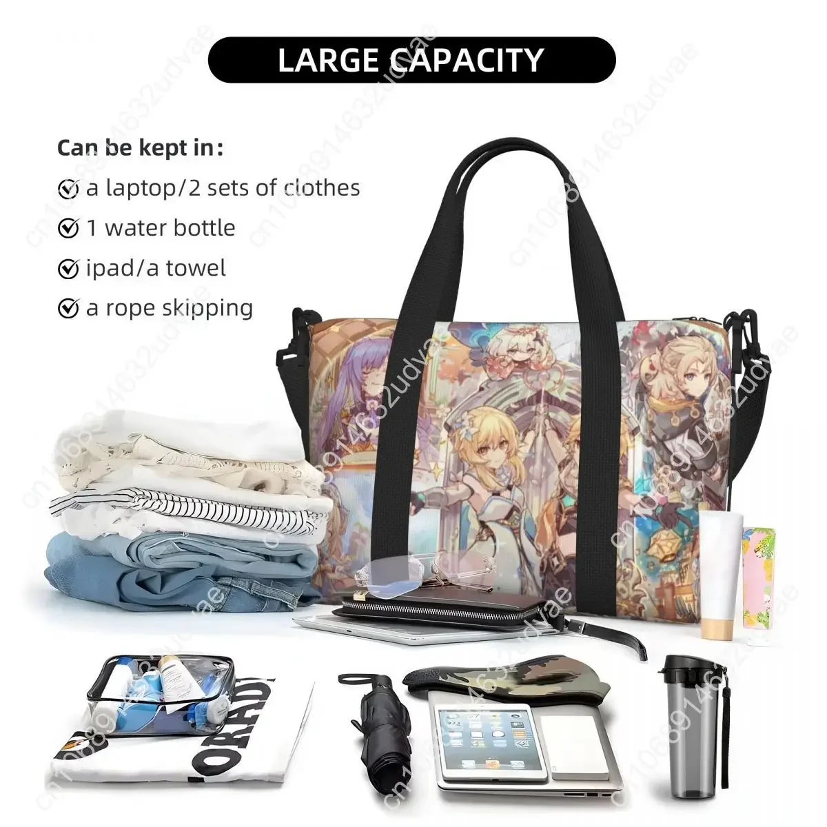 Duża torba typu tote z motywem anime Genshin Impact dla kobiet, manga kawaii, torba na ramię, torba na zakupy, torba na siłownię, torba plażowa, torba podróżna.
