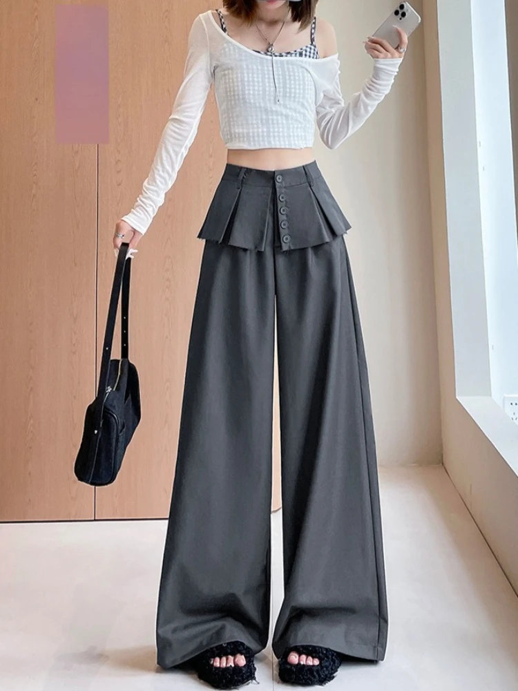 

Поддельные две широкие брюки для женщин, весенне-осенний новый стиль, однобортные модные утягивающие повседневные брюки для похудения