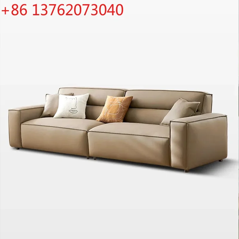Tofu block sofa first layer cowhide living room straight row Italian minimalist leather sofa