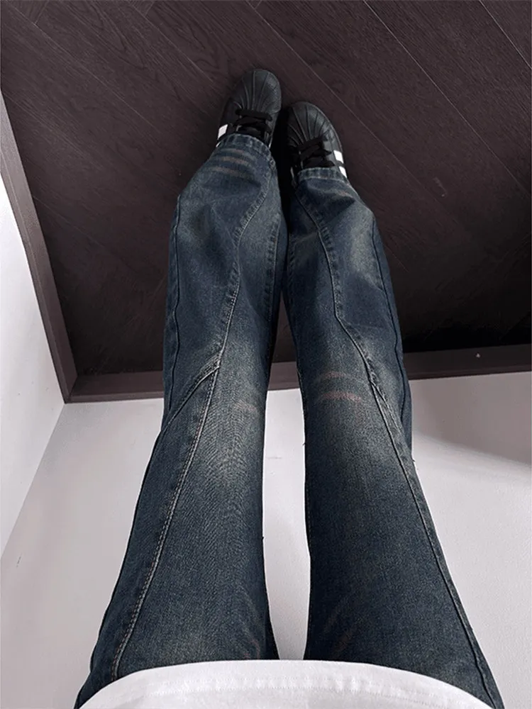 

Retro American Decomposed Men's Jeans Knife Bell Bottoms High Street Loose Straight Leg Trousers Wear Resistant Denim