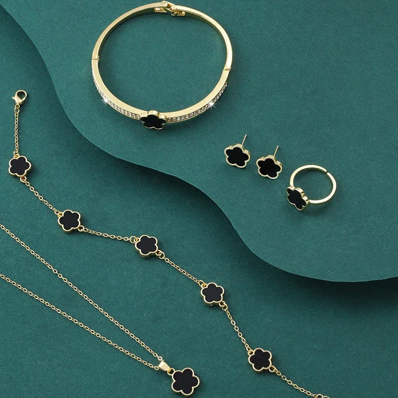 

5 Pcs Flower CZ Jewelry Set for Women Young Girls Luxury Modern Elegance Black Red Green White Multicolor Clover Fashion Gifts
