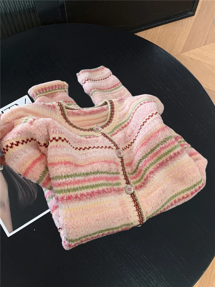 

Sweet Striped Knitted Sweater Cardigan Women's Autumn Winter Soft Cozy Outerwear Top Korean Sle Loose Fit Long Sve