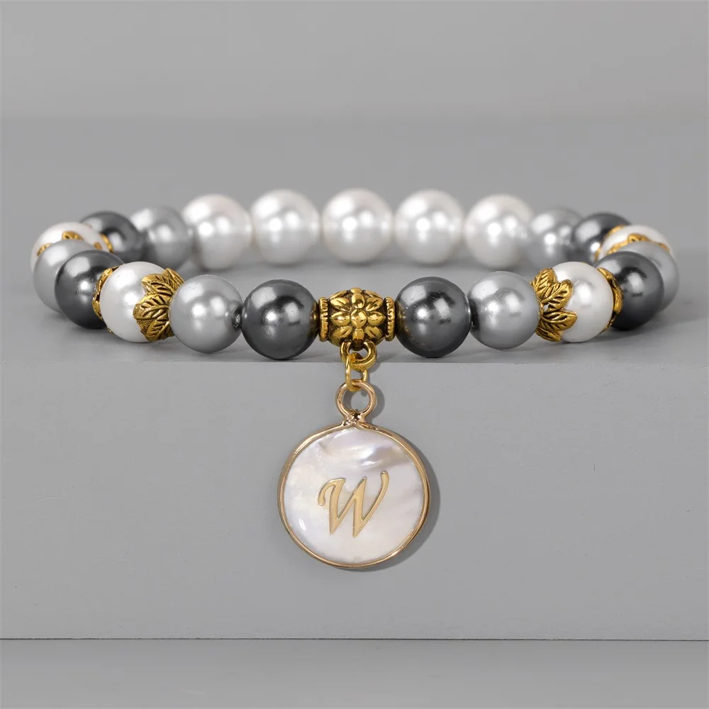 26 Letters Charm Bracelet A-Z Initial Charm Colorful Shell Pearl Beaded Bracelets For Women Men Name Friendship Birthday Jewelry