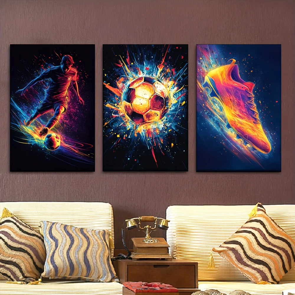 （Noframe 3PCS）-3pcs Set Abstract Soccer Football Player Canvas Posters - Neon Glow Action Paintings, Dynamic Sports Wall Art