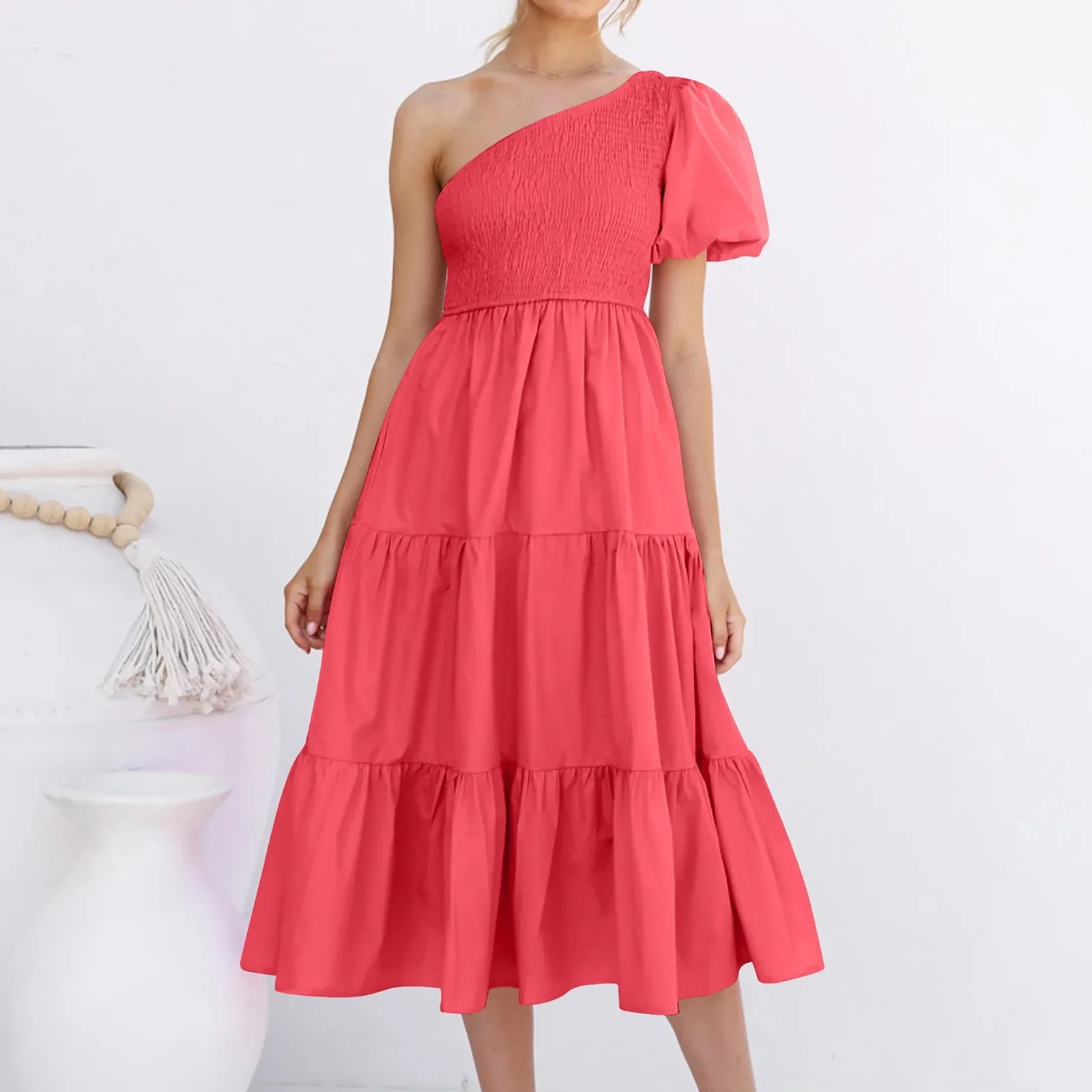 Elegante vestido de um ombro feminino, casual, sem mangas, sem costas, reto, algodão, monocromático, boho, robe de praia, verão