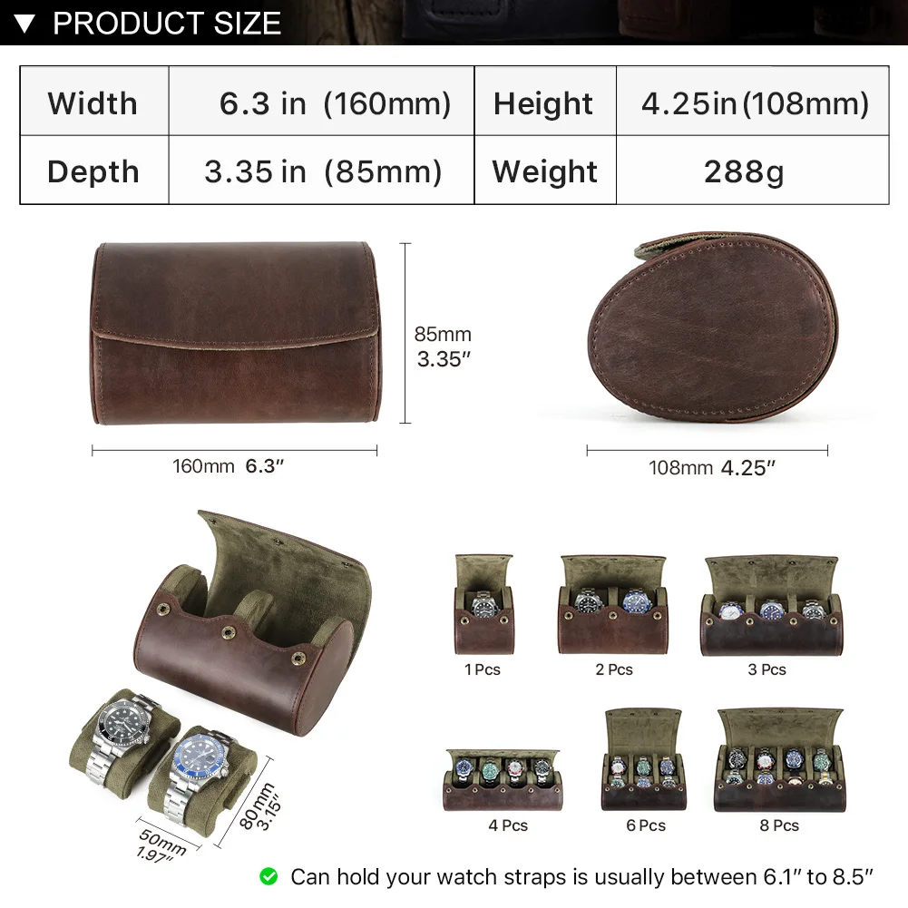 빈티지 정품 가죽 시계 상자 롤, 세련된 휴대용 디스플레이 보관 상자, 여행 하이 퀄리티 케이스, 남자 선물, 1 슬롯, 2 슬롯, 3 슬롯, 4 슬롯, 6/8 슬롯