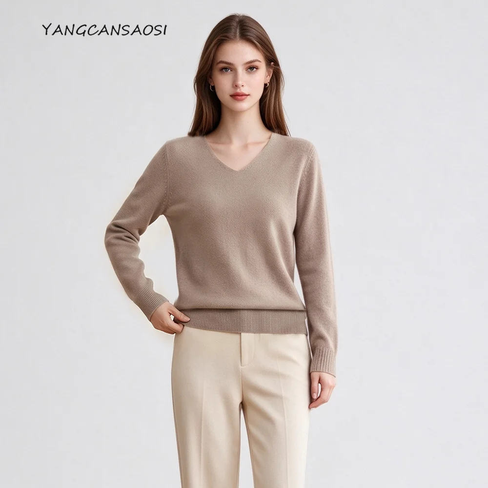 2026 Women's Fashion Autumn/Winter New 69% Wool 31% Cashmere V-neck Long Sleeve Seamless Commuter Knitted Base Sweater