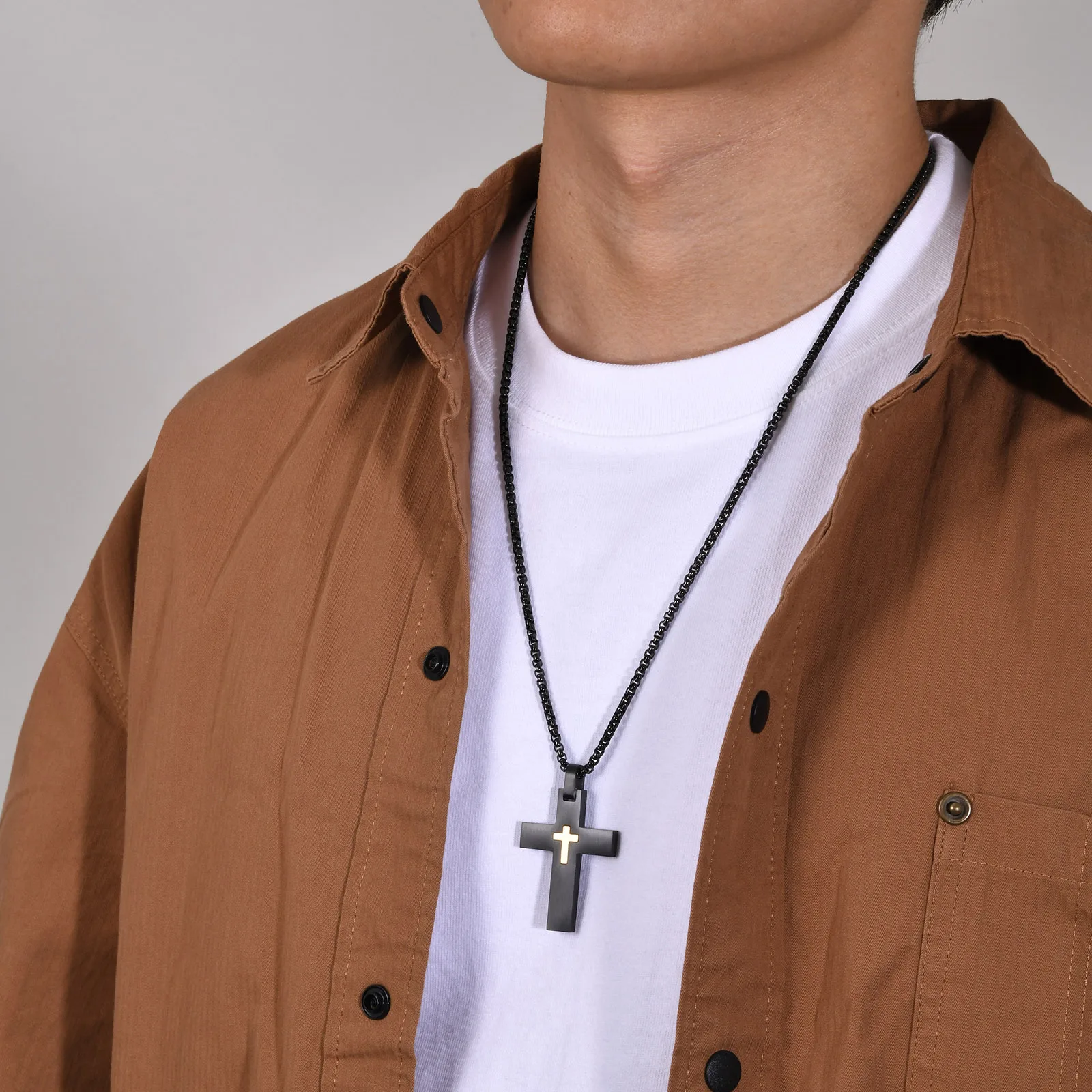 Vnox Anti Allergy Stainless Steel Double Layer Cross Pendant Necklace for Men Boy Birthday Christmas Gifts,Box Chain 50/55/60cm