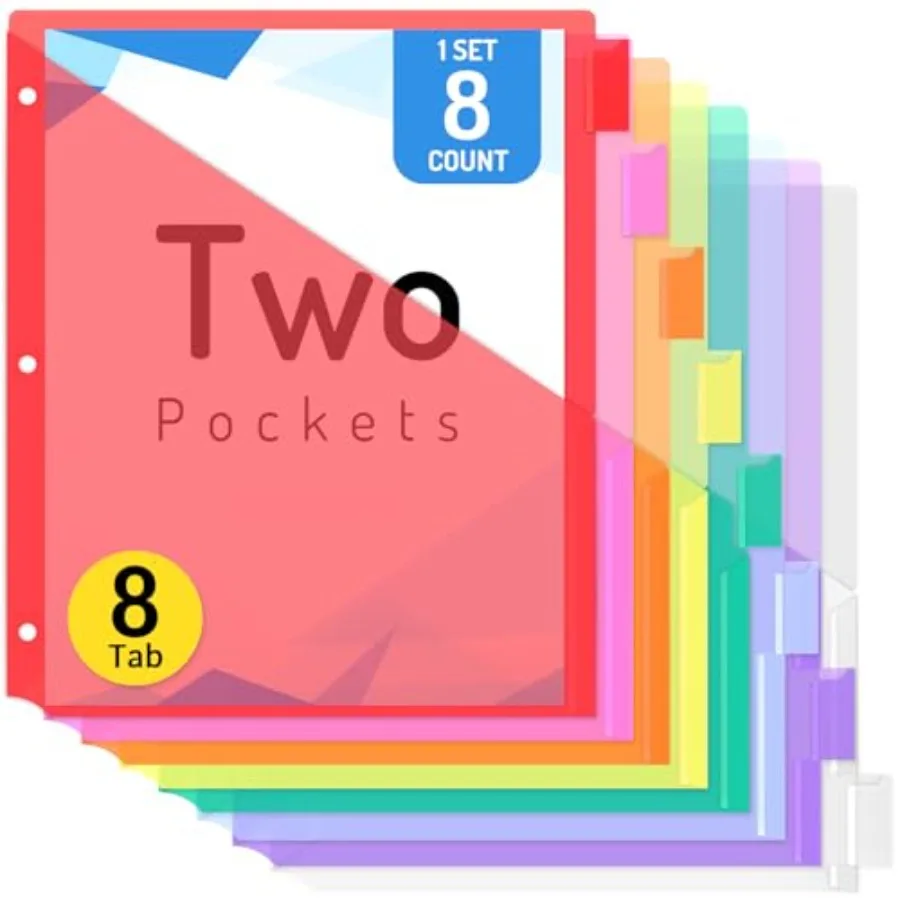 

8 Count Dividers with Two Pockets, 8 tabs Binder Dividers for 3 Ring Binder Organizer, Multicolor