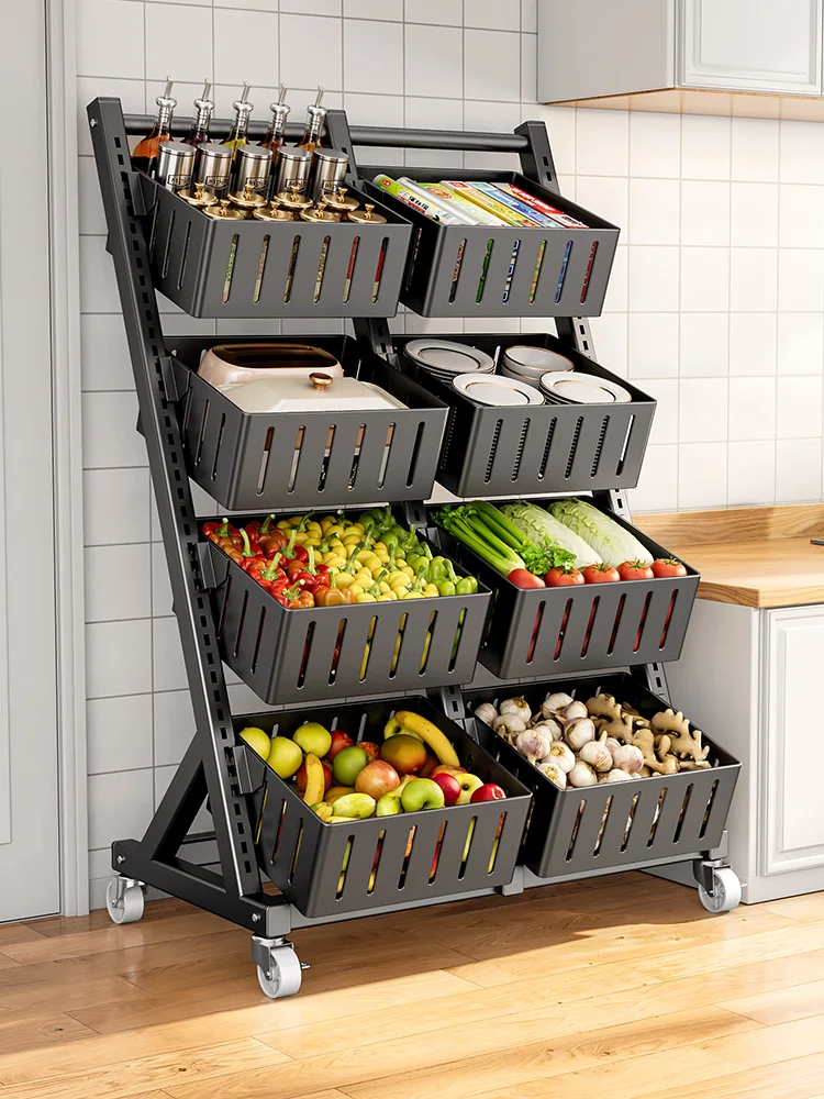 Kitchen basket storage rack, floor standing multi-layer fruit and vegetable rack, storage basket, multifunctional storage, snack