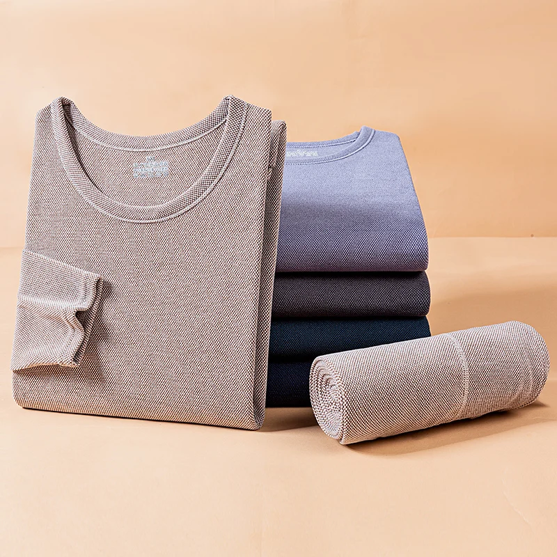 أطقم ملابس داخلية حرارية للرجال منقوشة بالورود تحافظ على الدفء مبطنة بالصوف ورقبة دائرية وأكمام طويلة بيجامات حرارية لخريف وشتاء