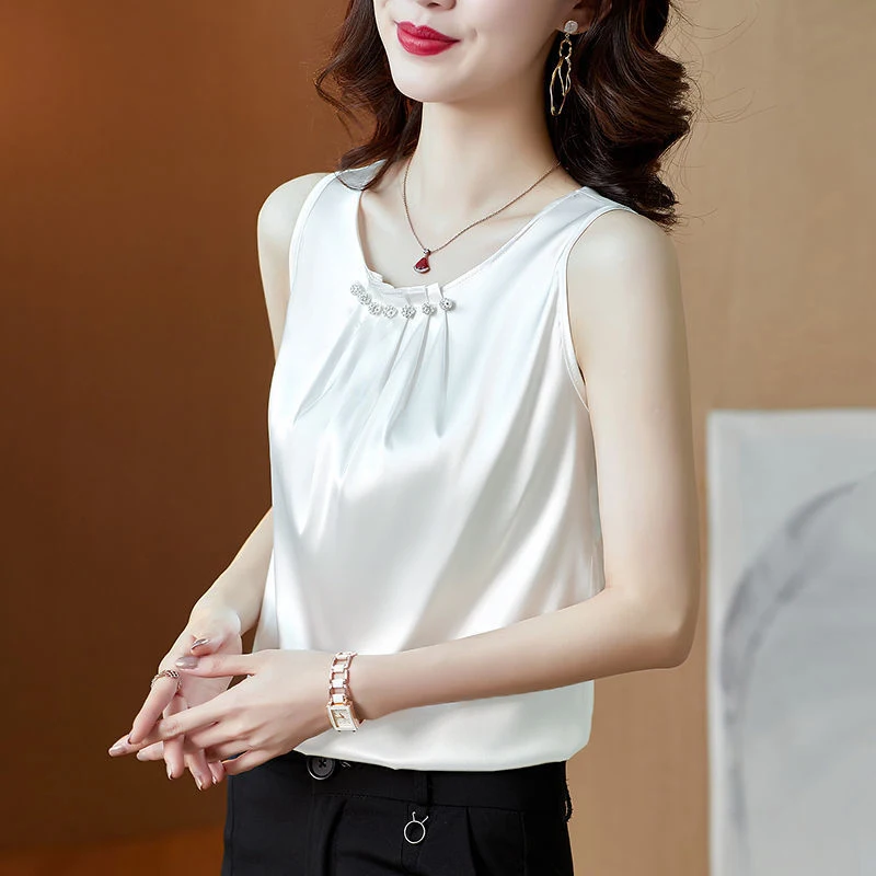 Beading Vest Sleeveless O-neck Pleated Loose Top French Office Lady T-shirt Elegant Female Blous Women Clothes Thin Summer Solid