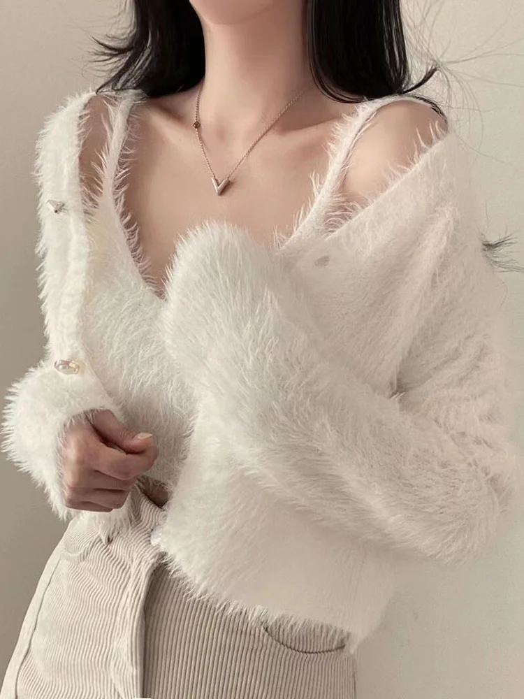 

Chic Autumn Winter Sexy Long Sve Knitted Open Cardigan Top Slim Fit ort Sle Two Piece Set Base Layer Strap Vest