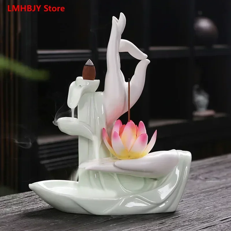 

LMHBJY Creative Celadon Buddha Hand Lotus Aromatherapy Stove Backflow Incense Stove Home Decoration