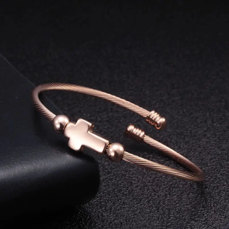 Trendy Cross Charm Strand Beads Bangles Men Women Stainless Steel Chain Link Cuff Sporty Bracelets Jewelry Gift