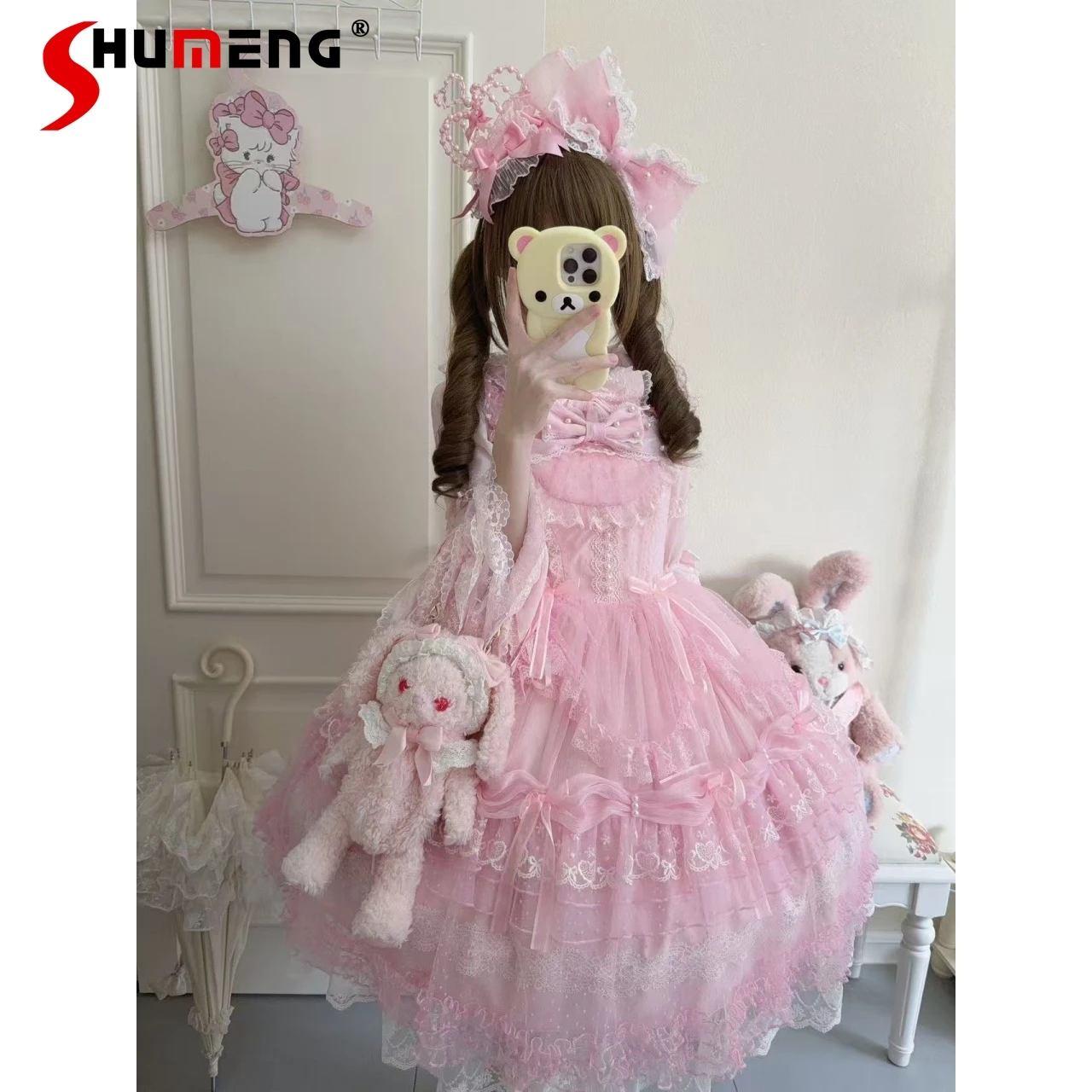 

Japanese Style Elegant Sweet Princess Birthday Party JSK Dress 3D Bow Lace Sleeveless High Waist Kawaii Puffy Lolita Dress Women