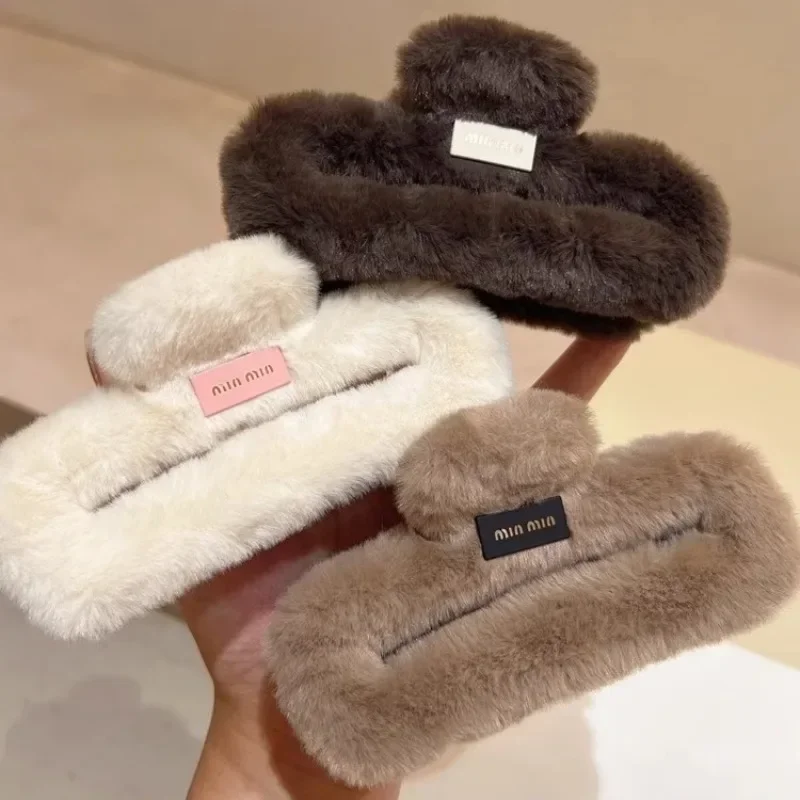 Autumn and winter trend imitation rabbit fur grab clip large square Maillard head shark clip multi-volume hair accessories