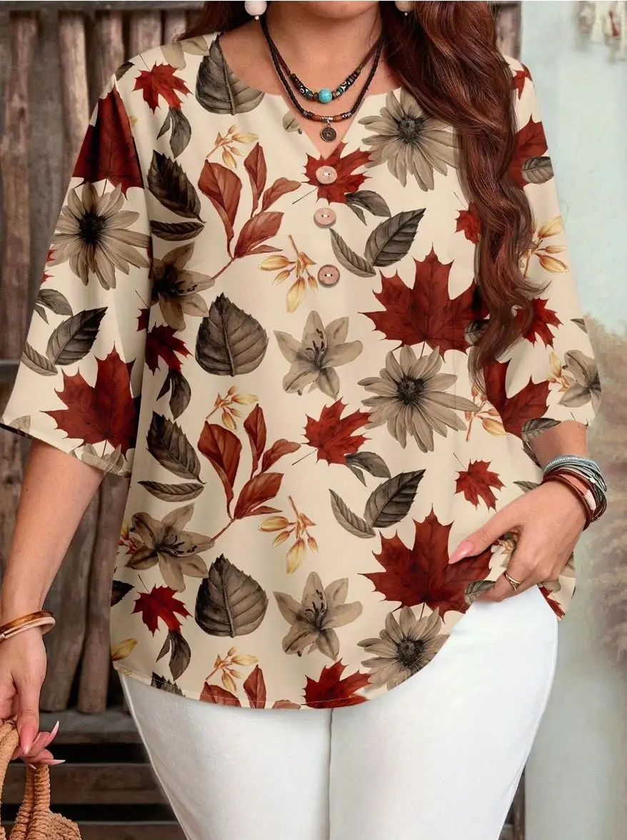 Women Notch V Neck 3/4 Sleeve Blouse Floral Dragonfly Maple Leaf Nautical Print  Loose Daily Top