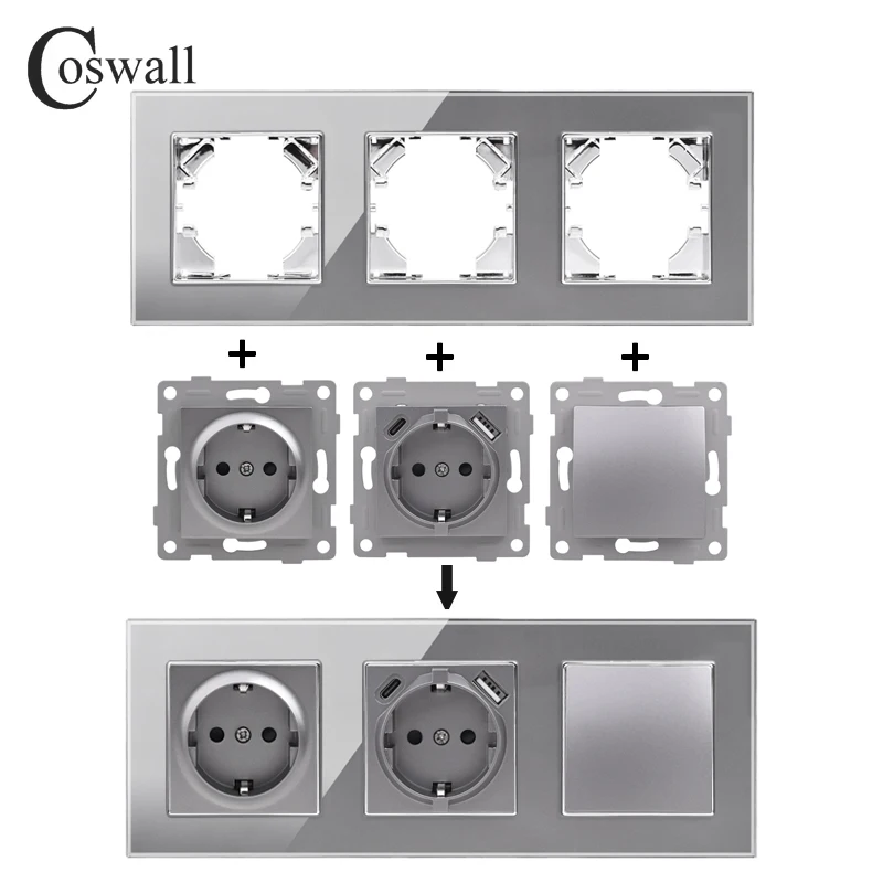 Coswall Grey D1 Silver-Plated Glass Panel Wall Light Switch EU/France Standard Socket USB Charging CAT6 Internet Module DIY