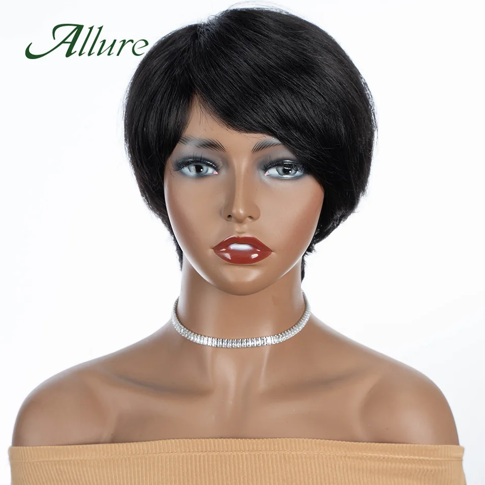

Brazilian Straight Human Hair Wig With Bang Natural Black Colored Short Pixie Cut Wigs For Women Glueless Cheap Hair Wig Allure