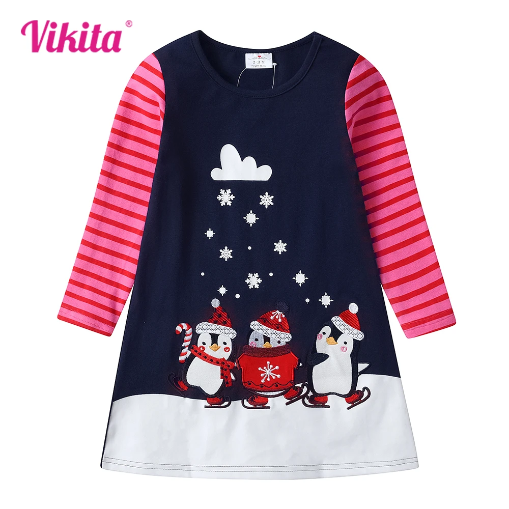 VIKITA Girls Cotton Casual Straight Dress Kids Penguin Snowflakes Cartoon Appliqued Striped Dresses Girls Autumn Spring Dress