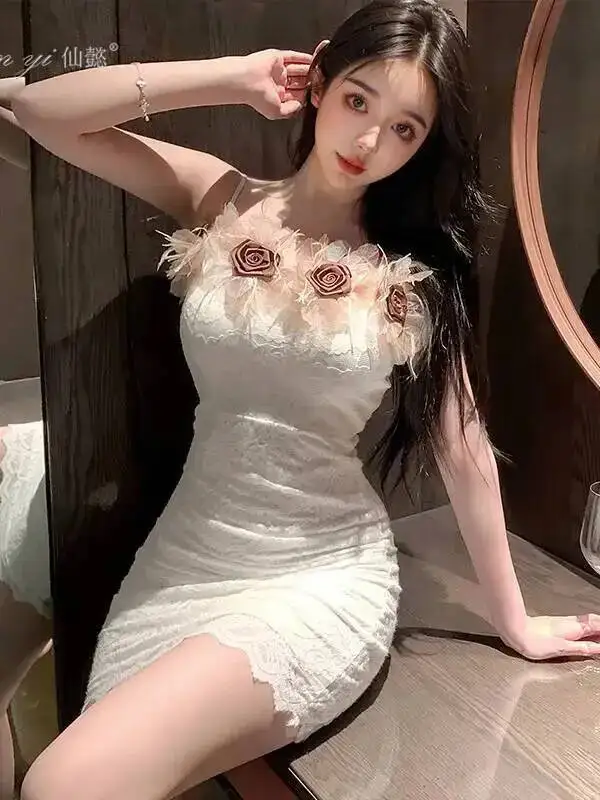 Sexy puro deseo ceñido al cuerpo vestido de encaje puro deseo camisón Sexy bata moda dulce Mini vestido 3D flor 2025 partes superiores nuevas UQF3