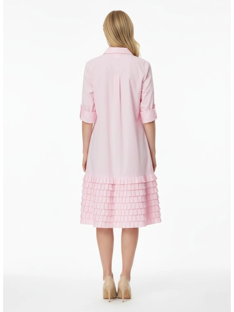 เดรสสีชมพูสุดเก๋สำหรับผู้หญิง ปี 2025 จาก Onecozyday คอเสื้อเชิ้ต แขนยาว ติดกระดุม ความยาวปานกลาง ทรงมีเลเยอร์ จับจีบ สไตล์ลำลอง