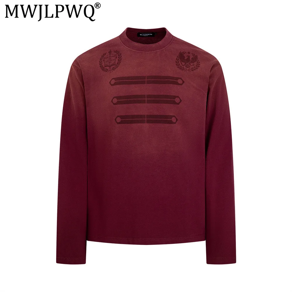 MWJLPWQ Hand-Painted Spray-Dyed Distressed Long-Sleeve Men's T-Shirt Spring Autumn Vintage Punk Street Loose Casual Wear 17601