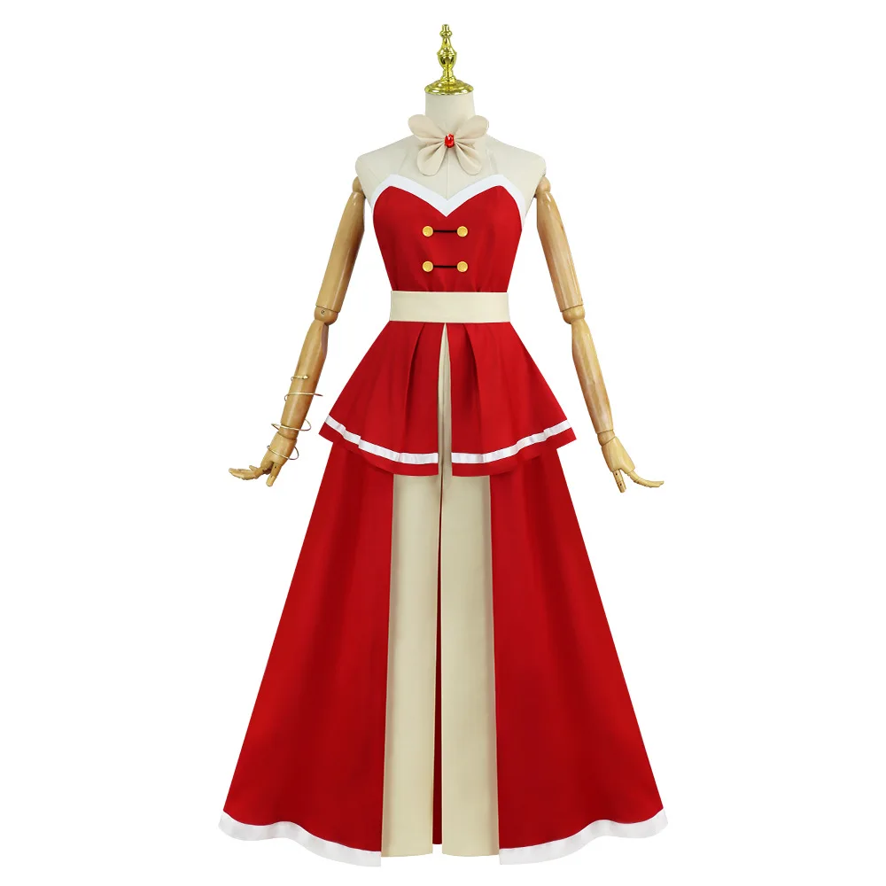 

Charlie Morningstar Cosplay Costume: Red Strapless Tiered Dress (with White Trim) Beige Wide-leg Pants Paired With Belt/bow Tie