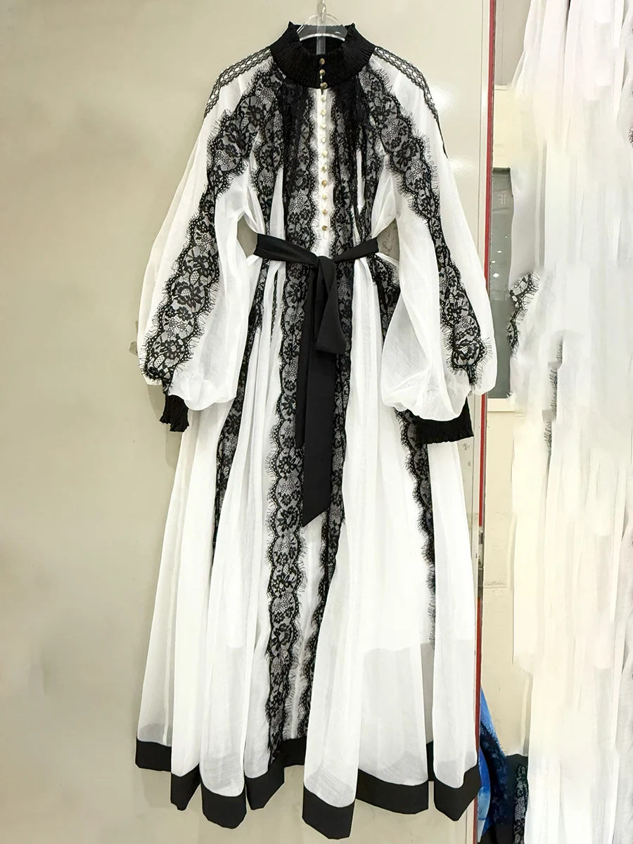 TWOTWINSTYLE Hit Color Sheer Spliced Lace Elegant Dresses for Women High Neck Long Sleeves Patchwork Belt Fashion Dress Female