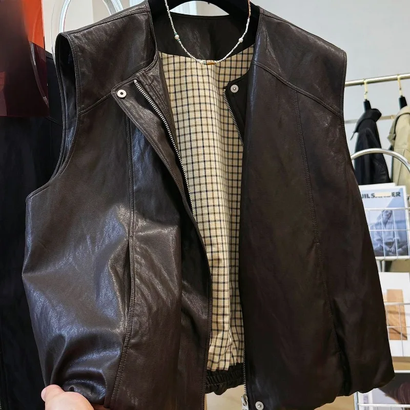High-end Retro Round-neck Pu Leather Vest Jacket for Women, Autumn Sleeveless Leather Jacket and Waistcoat Fashion Womenswear