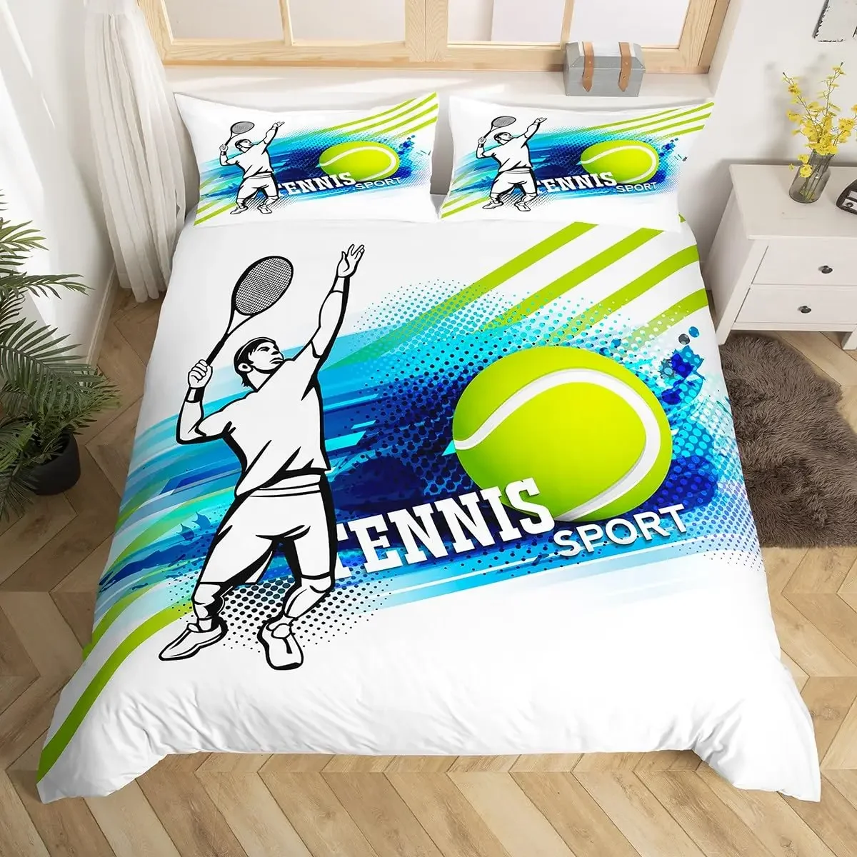 Tennis Court Print Duvet Cover Set,Boys Sports Games Themed Comforter Cover,Yellow Tennis Racket Sporting Equipment Bedding Set