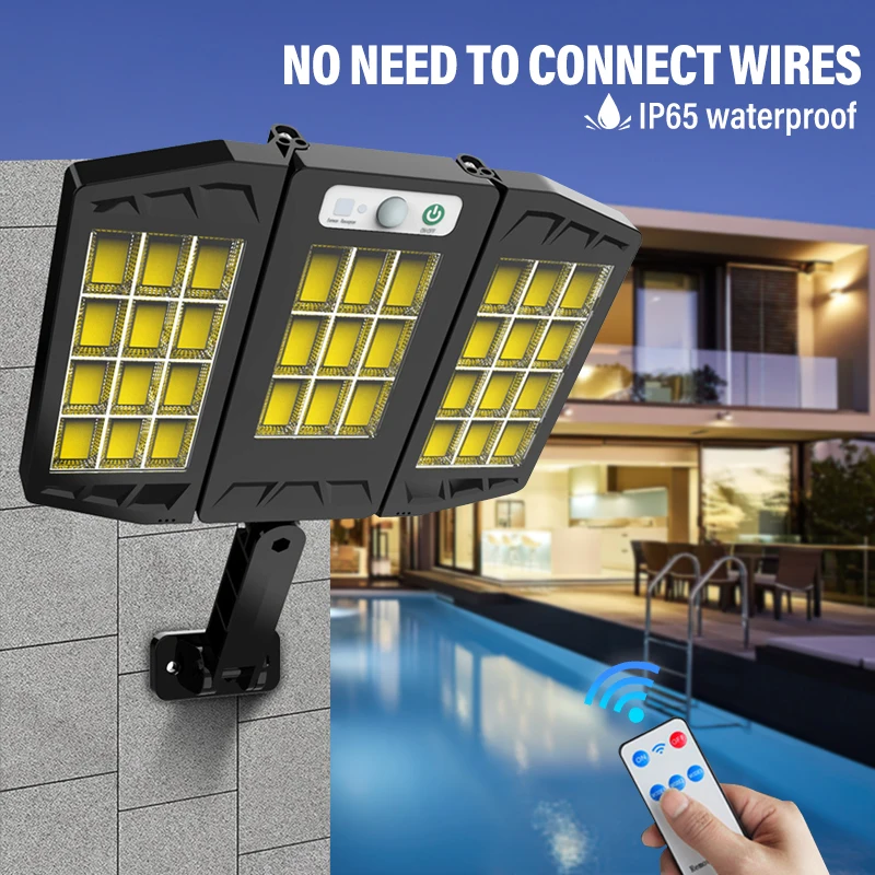 Solar Lights Outdoor 384 LED Wall Lamp with Adjustable Heads Security LED Flood Light IP65 Waterproof with 3 Working Modes