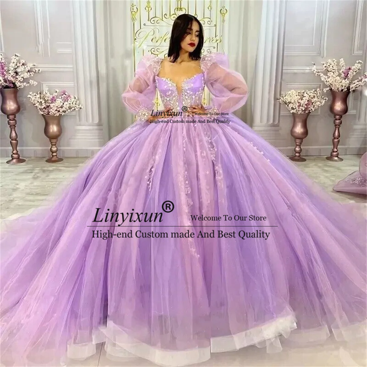 

Ball Gown Quinceanera Dresses with Cape Lilac 3D Flower Beaded Cinderella 16 Princess Gowns With Wrap vestidos de 15 quinceañera