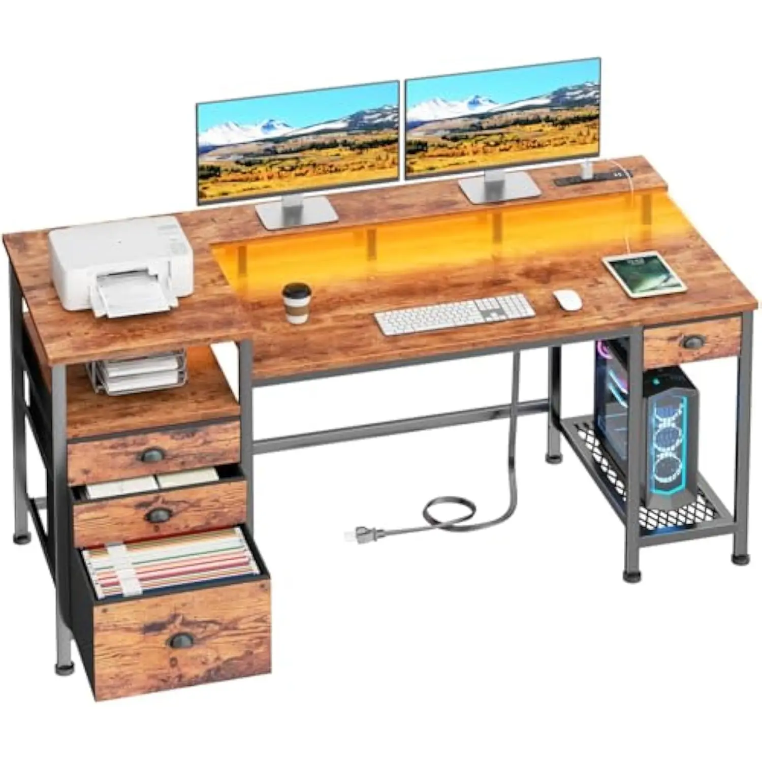 

Furologee Computer Desk with 4 Drawers, 60" Office Long Desk with Fabric File Cabinet and Power Outlets, Gaming Desk with LED L