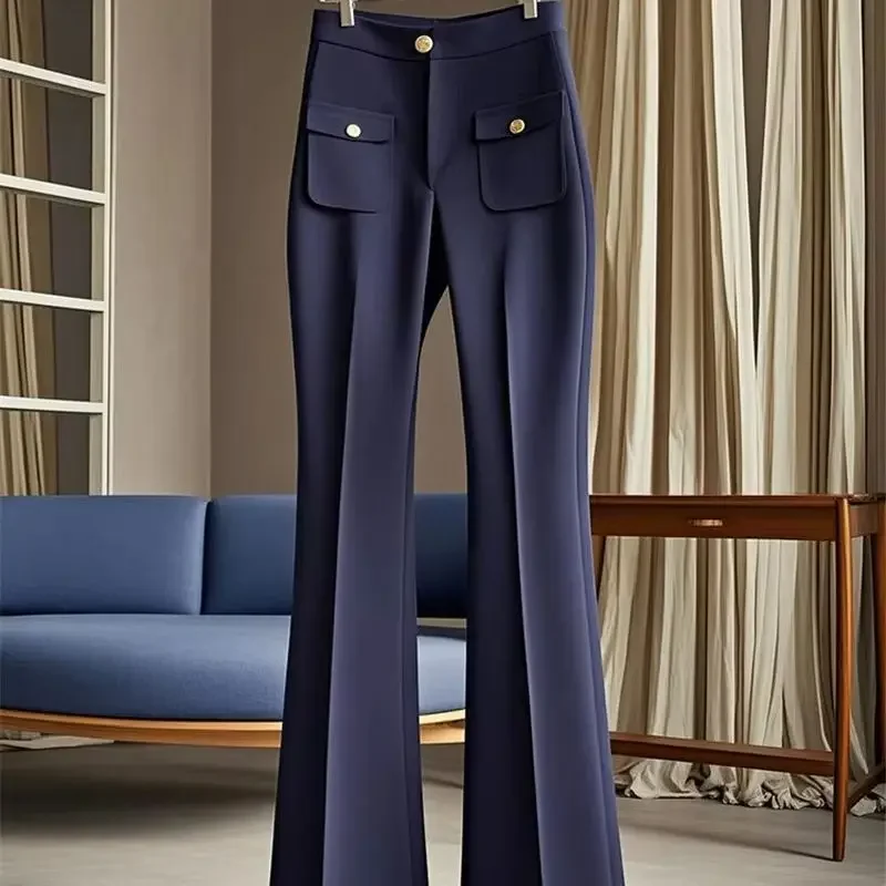 New High End Autumn Women's Pants Slim High Waist Fashion Design Solid Color Office Lady Suit Trousers Casual Micro Flared Pants