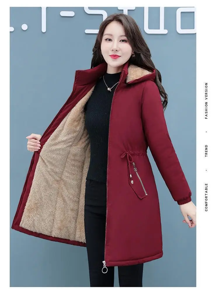 New Womens Padded Jacket Long Hooded Parker Overcoat Plus Velvet Thicke Winter Warm Coat Female Korean Casual Cotton Clothes 4XL